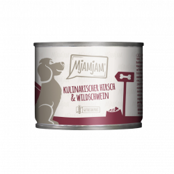 Alimento húmedo MjAMjAM para perros, con ciervo y jabalí. Receta natural sin cereales, enriquecida con arándanos