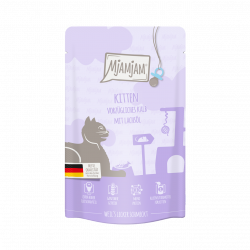 MJAMjAM Gatito Excelente Ternera con Aceite de Salmón 125gr. Alimento húmedo sin cereales para gatitos.