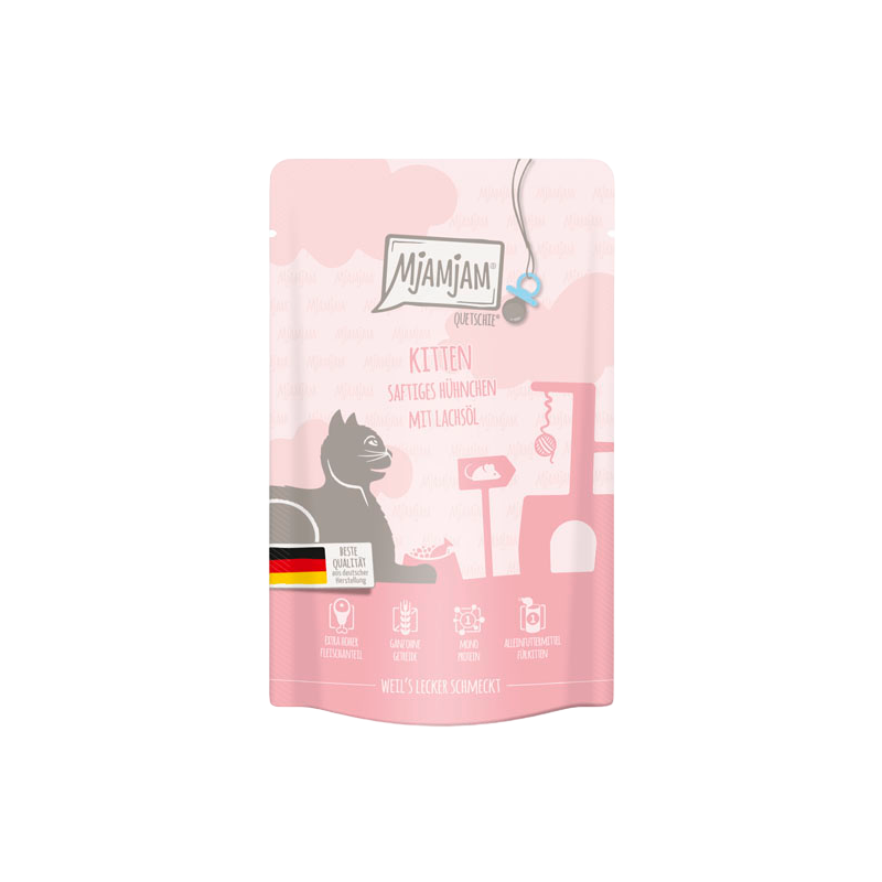 Comida humeda para gatitos MjAMjAM de pollo con aceite de salmón. Alimento natural y completo para el crecimiento de tu gato