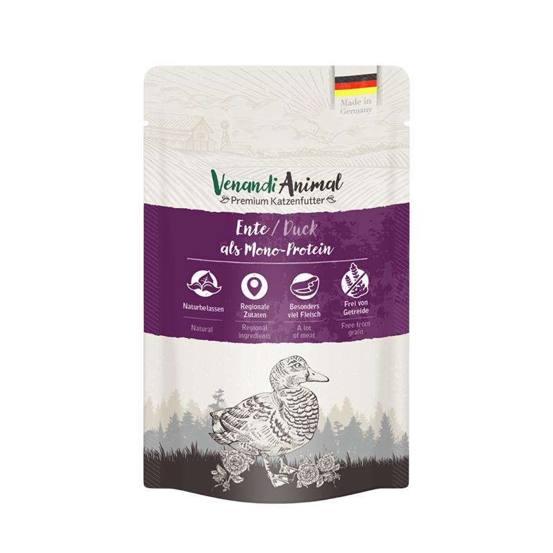 Comida húmeda para gatos Venandi Animal, pato monoproteico. Alimento natural y sin cereales para gatos con alergias