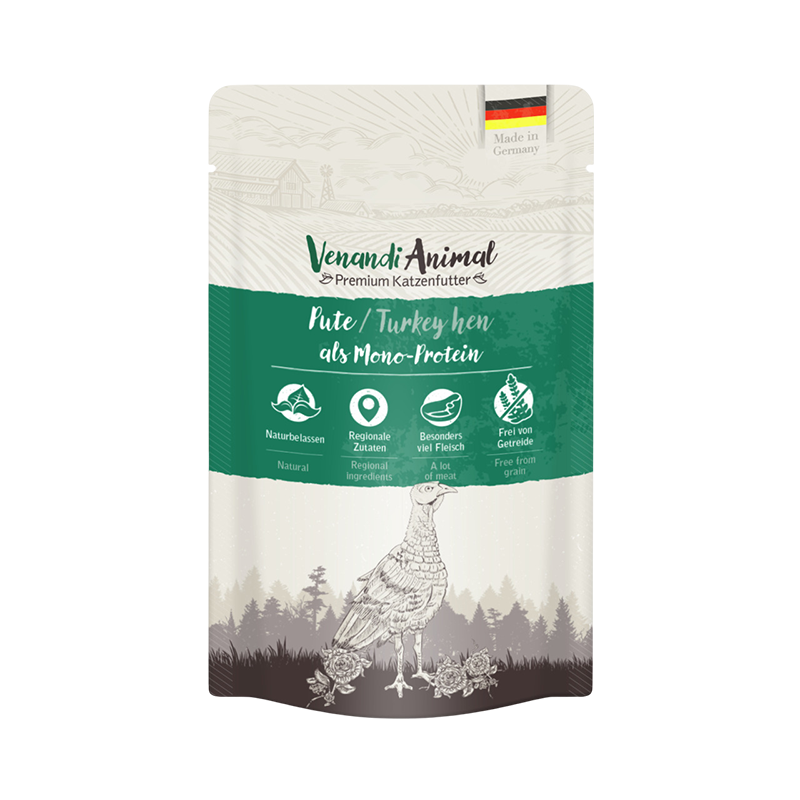 Comida húmeda para gatos Venandi Animal, pavo monoproteico. Alimento natural y sin cereales para gatos con alergias