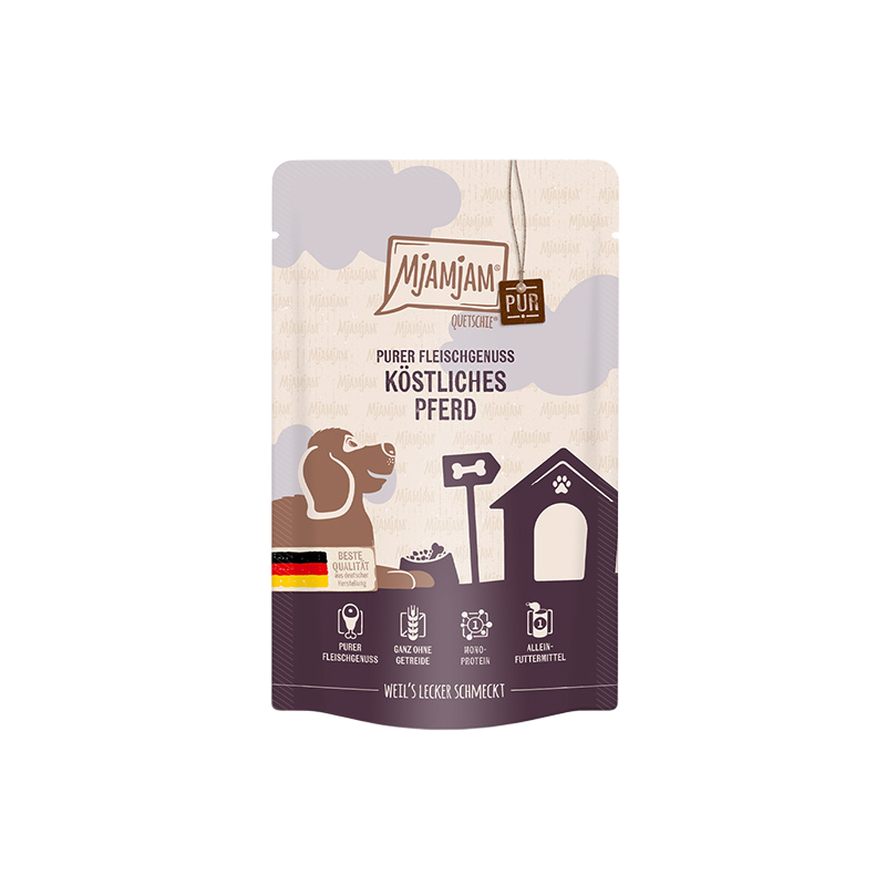 Alimento húmedo para perros MjAMjAM de caballo puro. Receta monoproteica sin cereales ni aditivos