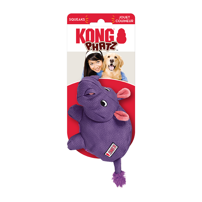 Kong Peluche Hipopótamo Phatz Medium para perros medianos, juguete resistente y suave con sonido chirriador