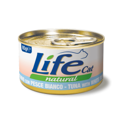 Life Natural comida húmeda para gatos con delicioso atún y pescado blanco.