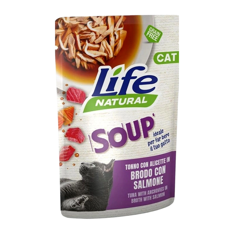 sopa para gatos con atún, anchoas y salmón de Life Natural, 60g, alimento húmedo con omega-3 y proteínas para la salud felina
