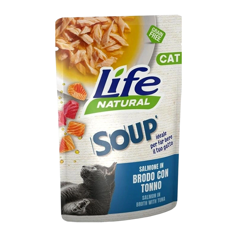 sopa para gatos con salmón y atún de Life Natural, 60g, alimento húmedo con omega-3 y proteínas para la salud felina