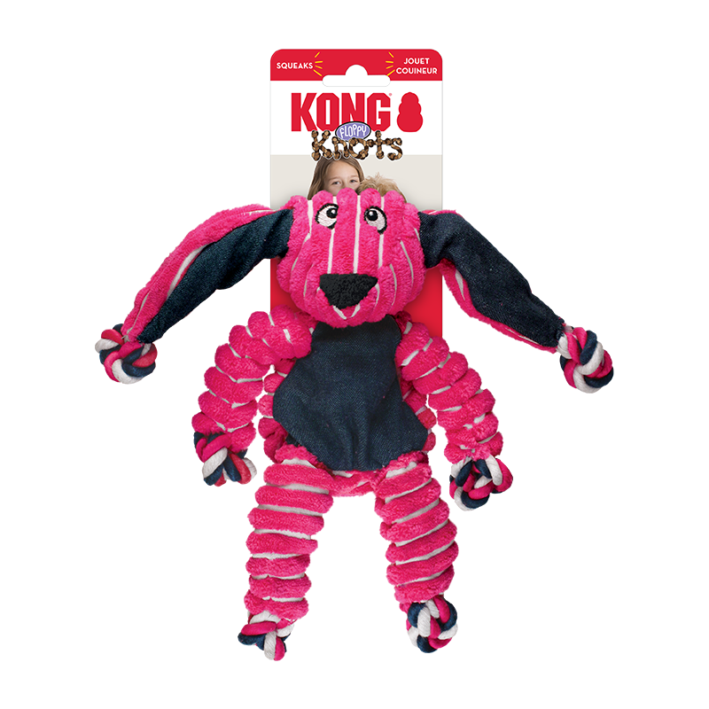 Kong Floppy Knots Bunny juguete suave y resistente para perros pequeños y medianos, ideal para morder y jugar.