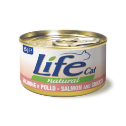 Life Natural comida húmeda para gatos de salmón y pollo  , fuente de proteínas y ácidos grasos omega-3.