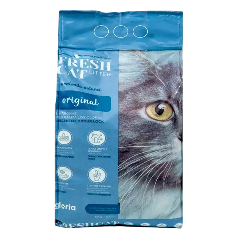 Arena aglomerante de bentonita natural Gloria Fresh Cat Litter Original, bolsa de 5kg, control de olores, bajo polvo.