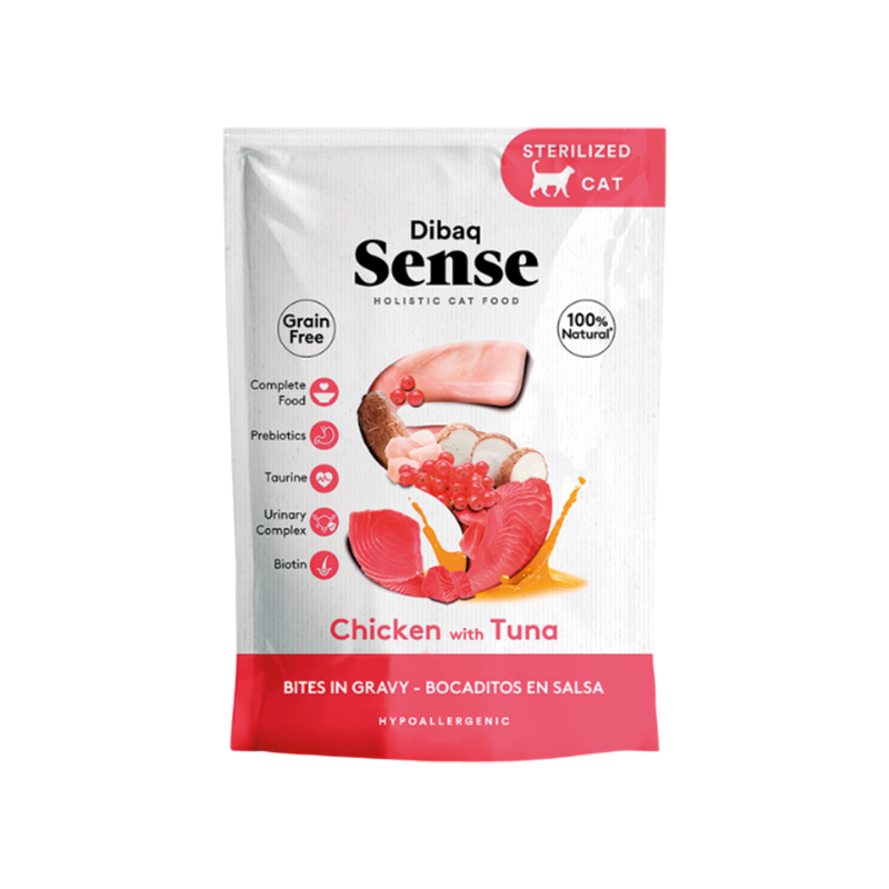 Dibaq Sense Cat Bites Pollo con Atún lata 100gr, comida húmeda para gatos natural, sin cereales