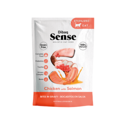 Alimento húmedo natural para gatos adultos, sabor pollo y salmón. Ideal para gatos esterilizados.