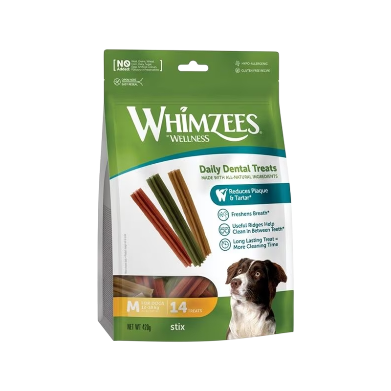 Barritas dentales vegetarianas Whimzees Stix sin gluten para perros medianos