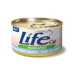 Life Natural comida húmeda para gatos con delicioso atún y pescado blanco.