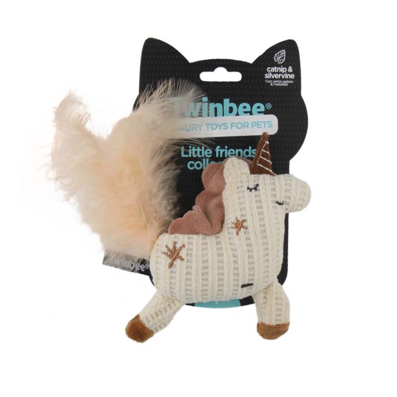 Juguete TwinBee Unicornio con Catnip y Silvervine para gatos | Peluche suave con plumas para estimular la caza