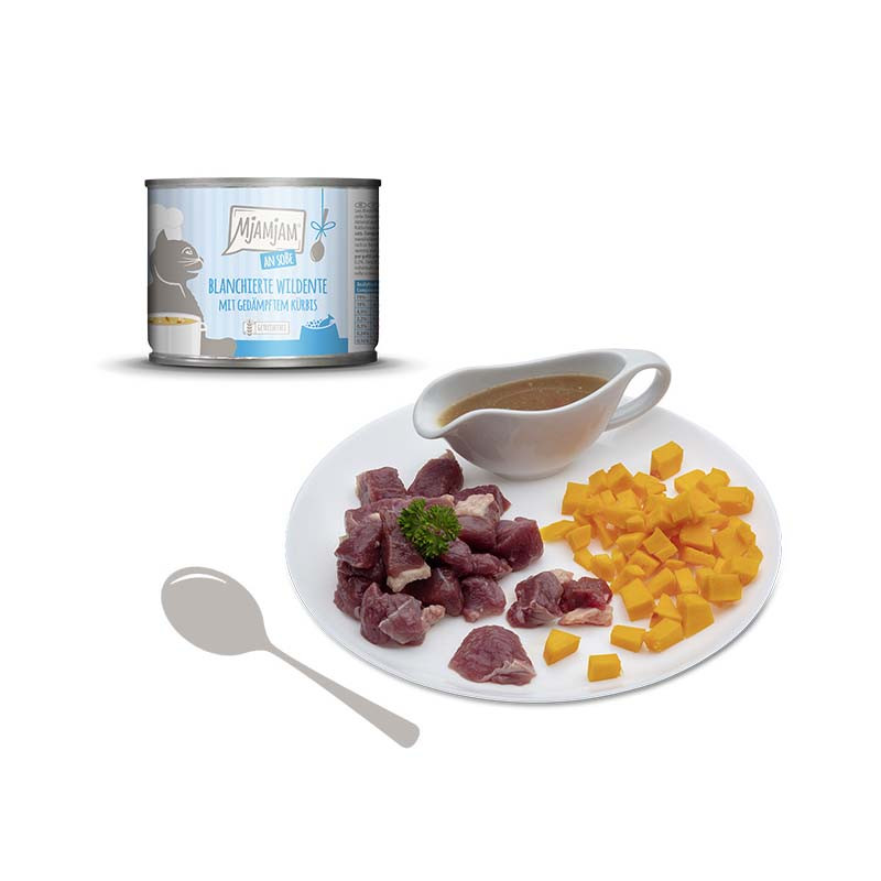 MjAMjAM Pato Salvaje con Calabaza en Salsa – comida húmeda natural para gatos con ingredientes frescos