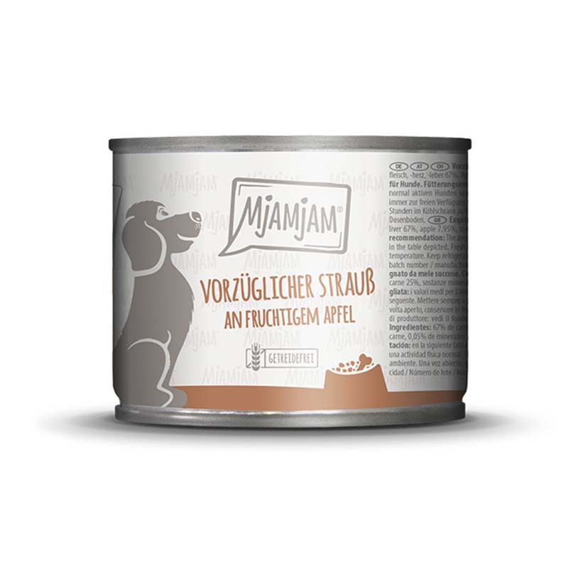Lata MjAMjAM Avestruz con Manzana comida húmeda para perros