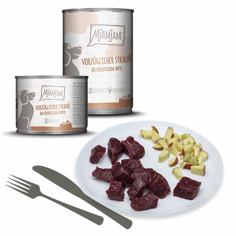 Ingredientes avestruz y manzana MjAMjAM alimento natural premium