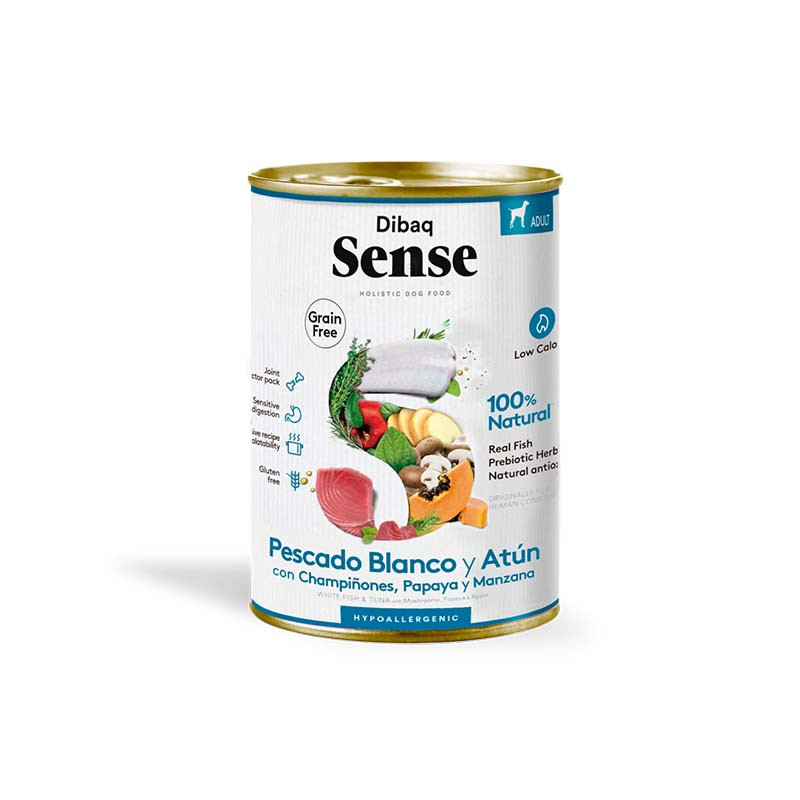Dibaq Sense Pescado Blanco y Atún lata comida húmeda para perros sin cereales