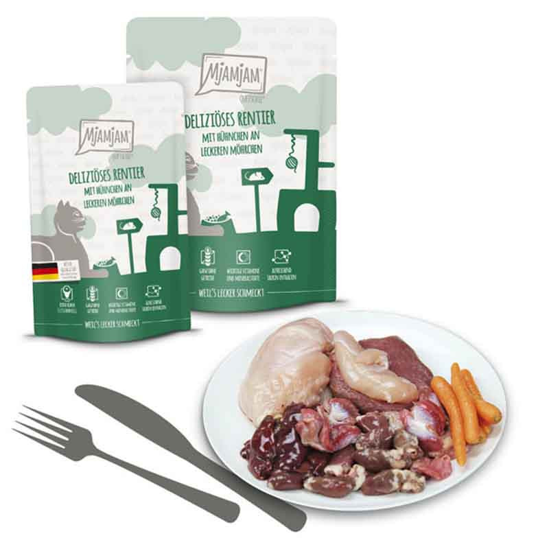 Ingredientes de MjAMjAM Reno con Pollo y Zanahoria – receta natural sin cereales para gatos