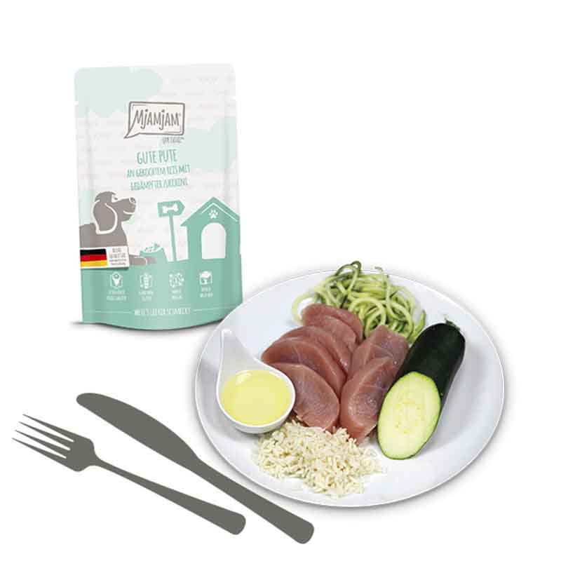 Ingredientes de MjAMjAM Pavo con Arroz y Calabacín – comida húmeda natural para perros