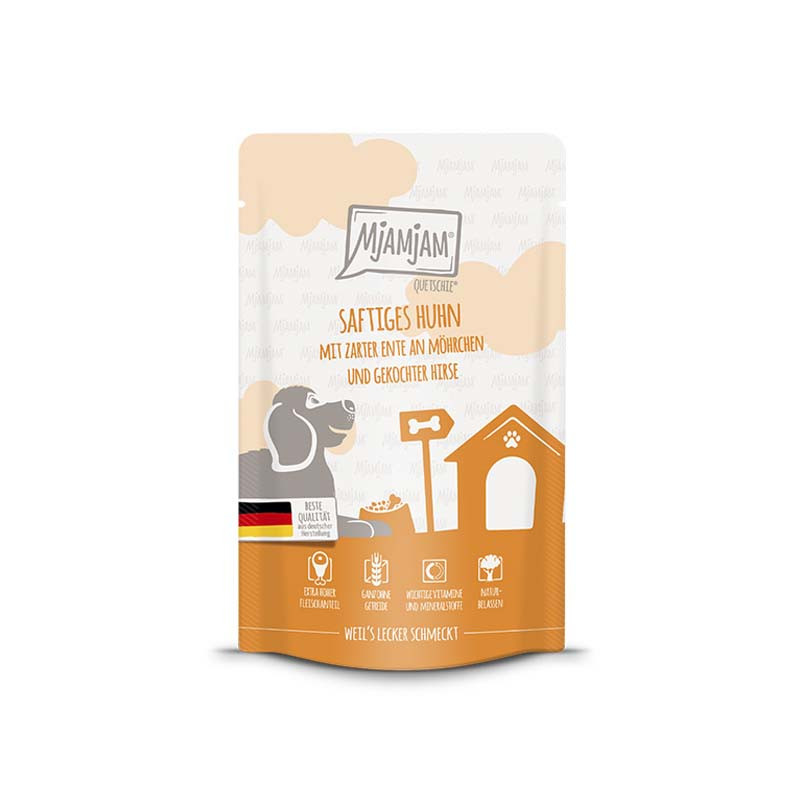 MjAMjAM Pollo y Pato con Zanahorias y Mijo 125gr para perros – Envase del producto