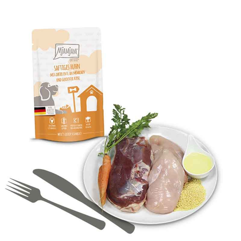 Ingredientes de MjAMjAM Pollo y Pato con Zanahorias y Mijo – comida húmeda natural para perros