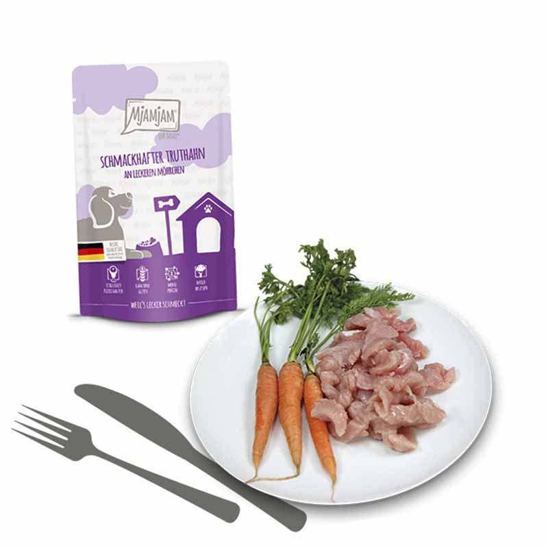 Ingredientes de MjAMjAM Pavo con Zanahorias – comida húmeda natural para perros