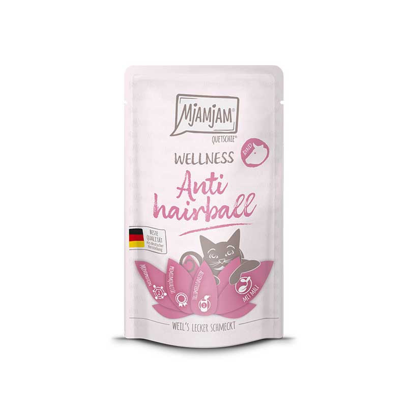 ➡️ MjAMjAM Wellness Anti-Hairball Rind – comida húmeda para gatos que reduce bolas de pelo