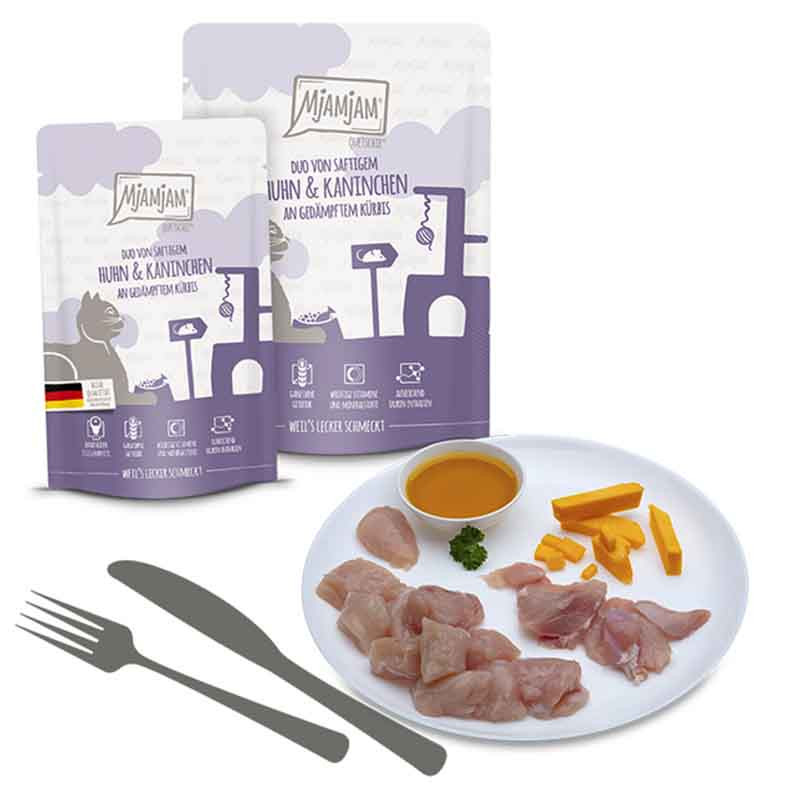 Ingredientes MjAMjAM DUO Pollo y Conejo con Calabaza – comida húmeda natural para gatos