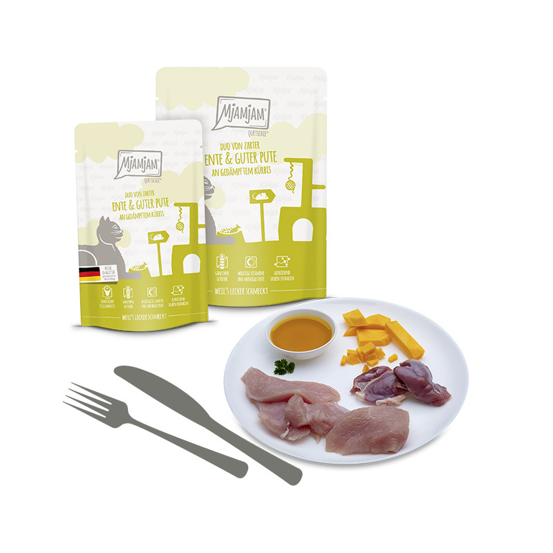 Ingredientes de MjAMjAM Duo Pato y Pavo con Calabaza – comida húmeda natural para gatos