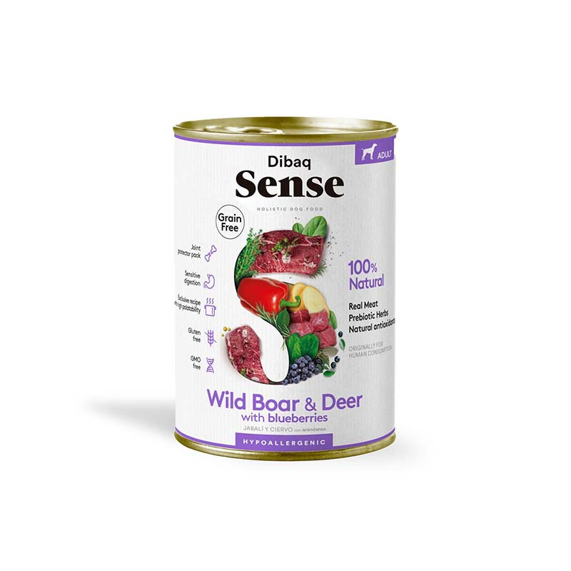 Dibaq Sense Lata Salvaje Comida húmeda para perros, sin cereales, con ciervo y jabalí.