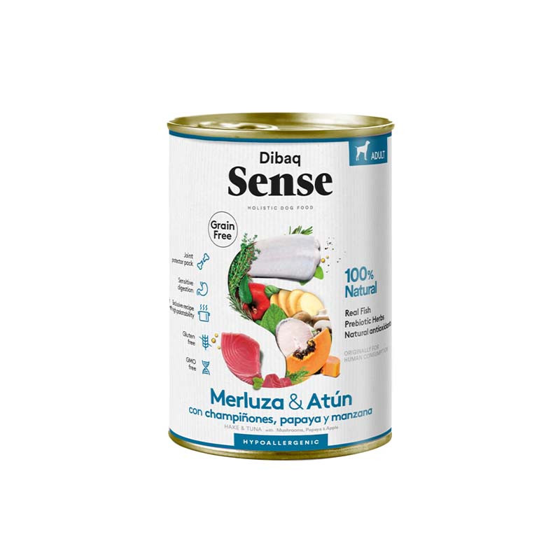Dibaq Sense Grain Free Lata Merluza y Atún para perros adultos, comida húmeda natural sin cereales