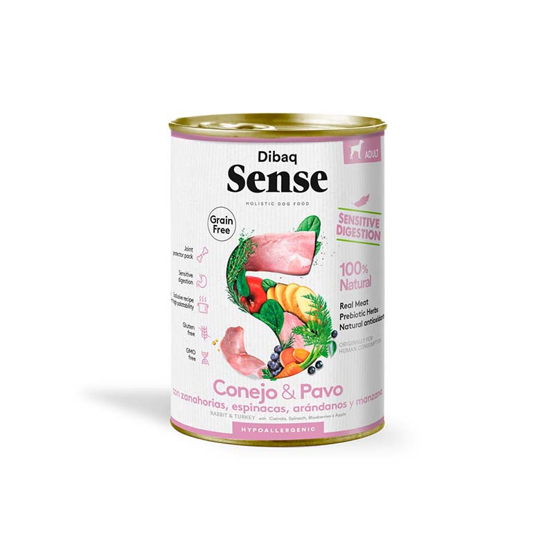lata Dibaq Sense grain free conejo y pavo para perros