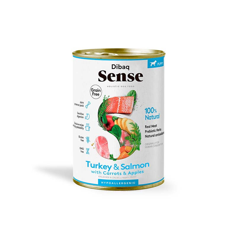 lata Dibaq Sense grain free salmón y pavo para cachorros