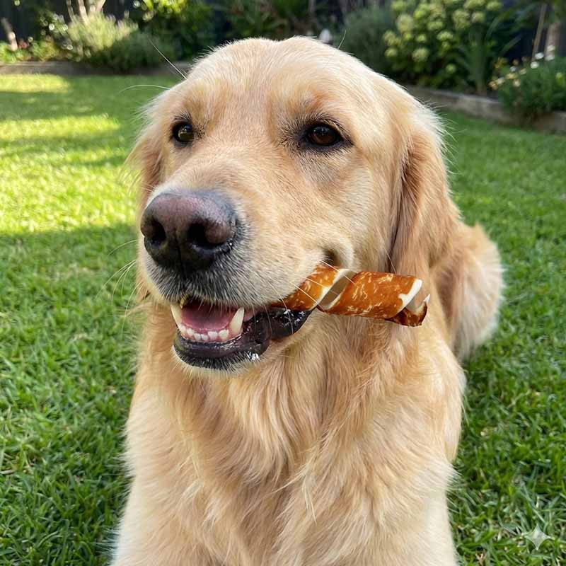 Perro masticando espiral de pollo XL
