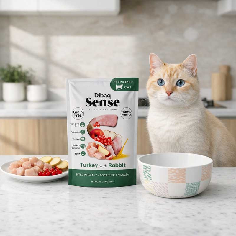 gatos con Dibaq Sense Bocaditos en salsa Pavo con Conejo comida húmeda para gatos esterilizados