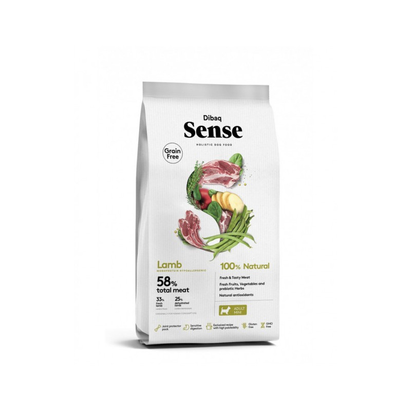 Dibaq Sense Grain Free Cordero Mini, comida natural sin cereales para perros pequeños, alta en proteínas y fácilmente digestible