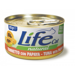 Lata de atún Life Natural con papaya, combinación exótica y nutritiva, ideal para gatos, rica en proteínas y antioxidantes.