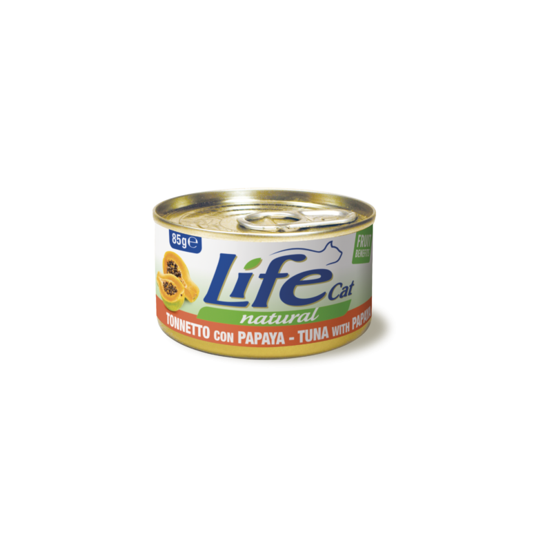 Lata de atún Life Natural con papaya, combinación exótica y nutritiva, ideal para gatos, rica en proteínas y antioxidantes.