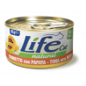 Lata de atún Life Natural con papaya, combinación exótica y nutritiva, ideal para gatos, rica en proteínas y antioxidantes.