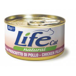 Lata de filetes de pollo y jamón Life Natural para gatos, rica en proteínas y sabor.