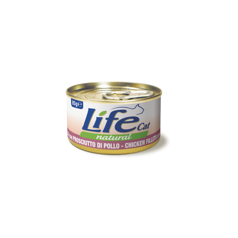 Lata de filetes de pollo y jamón Life Natural para gatos, rica en proteínas y sabor.