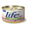 Lata de filetes de pollo y jamón Life Natural para gatos, rica en proteínas y sabor.