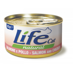 Lata de salmón y pollo Life Natural para gatos, fuente de proteínas y ácidos grasos omega-3.