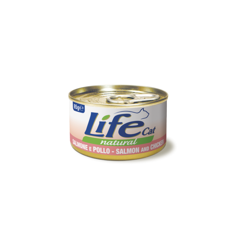 Lata de salmón y pollo Life Natural para gatos, fuente de proteínas y ácidos grasos omega-3.