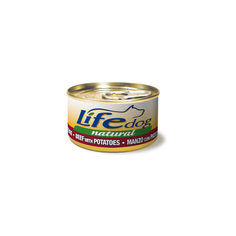 Lata Life Natural 90g comida húmeda para perros con carne de res y papas