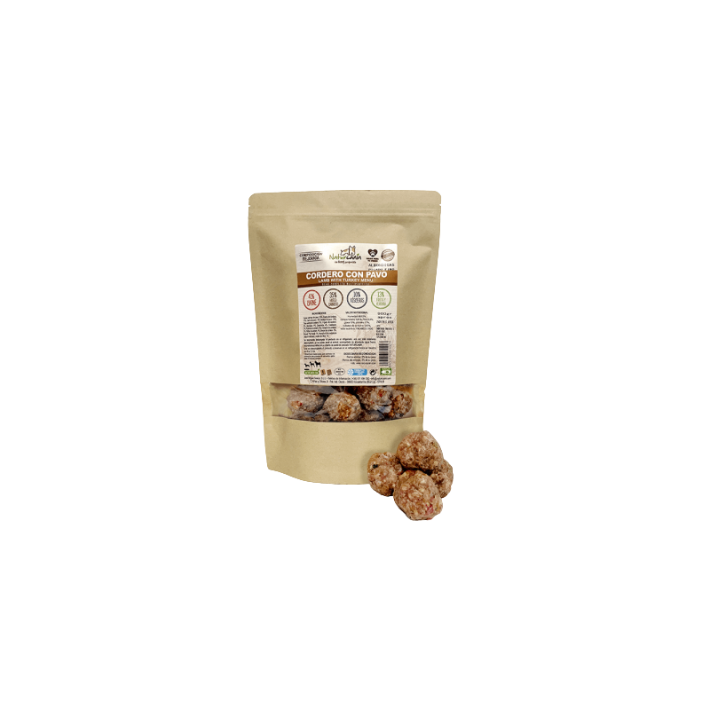 Menú BARF Naturcanin, albóndigas de cordero y pavo para perros sensibles