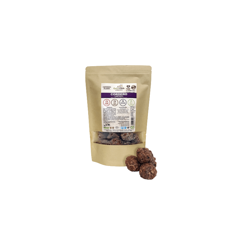 Menú BARF Naturcanin, albóndigas de cordero para perros con sensibilidad alimentaria